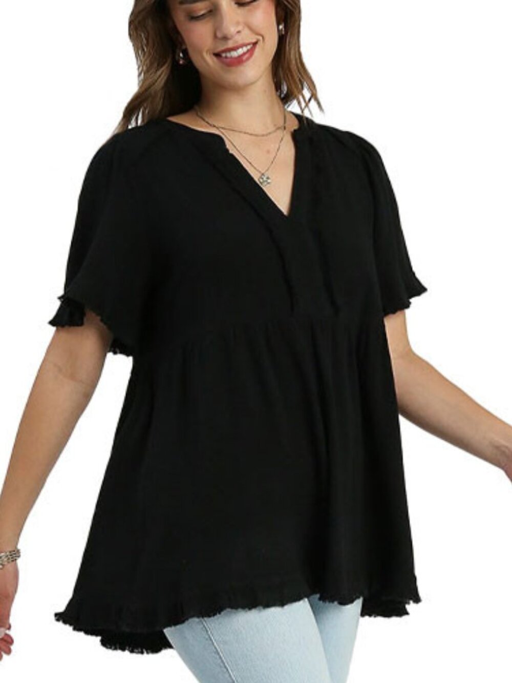 Umgee V Neck Baby Doll Tiered Linen Blend Navy Blue Top Sz S